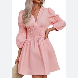 Smocked Puff Sleeve Mini Dress Women’s S Baby Pink Poplin A-line Coquette Whimsy